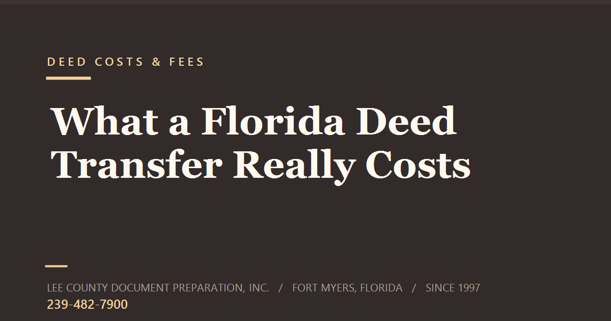 Title card reading What a Florida Deed Transfer Really Costs, from Lee County Document Preparation, Inc., Fort Myers, Florida